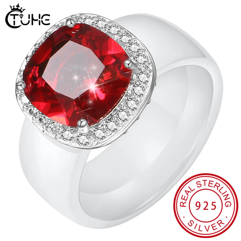 

Big Red Square Pave Crystal CZ Finger Rings for Women Fashion 8mm Healthy Never Fade Ceramic Rings Wedding Engagement Jewelry