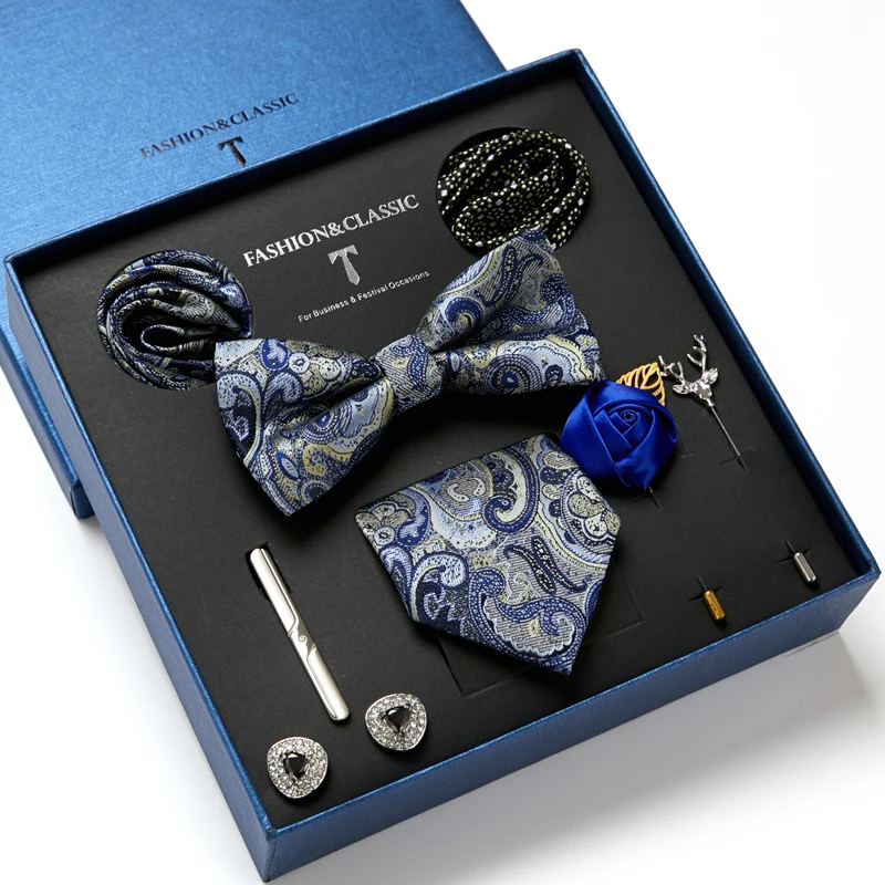 

Luxury Gift Box Custom Ties Hanky Cufflinks Bowtie Sets 7.5 cm Paisley Cravats Striped Necktie Men Wedding Party Birthday Gift