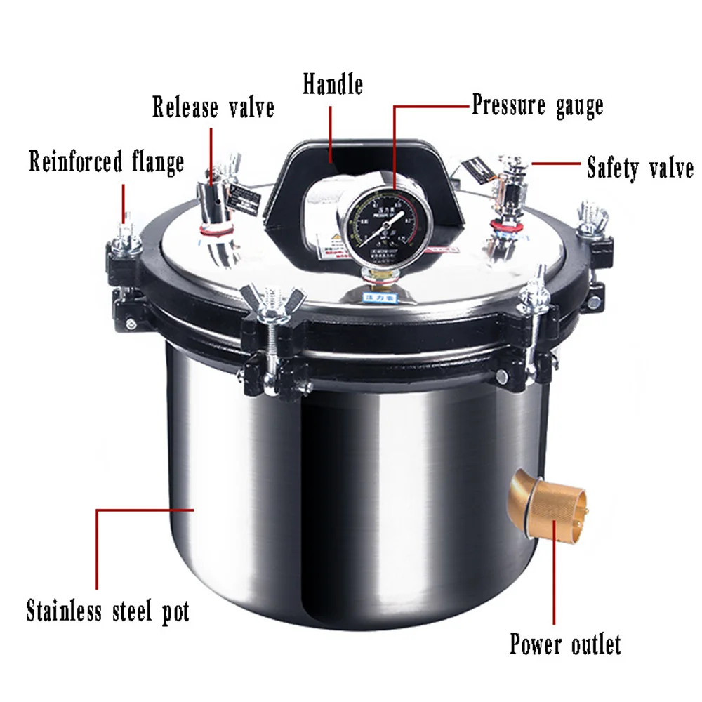 Portable Stainless Steel Heating Autoclave High Pressure Sterilizer Sterilization Pot Pressure Steam 8L/18L/24L