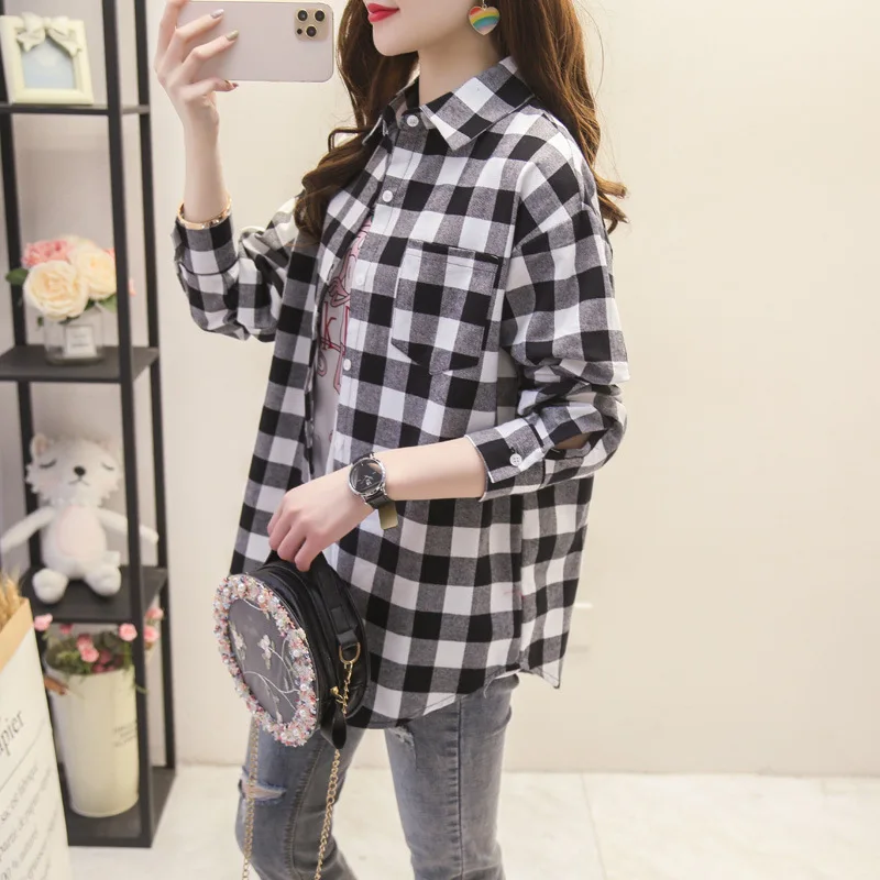 2024 New Loose Design Cotton Plaid Shirt Women Young Style Long Sleeve Blouses Casual Shirts Lady Tops Clothes Blusas