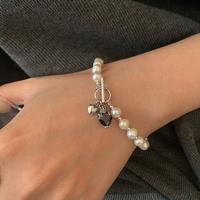 VENTFILLE 925 Sterling Silver Pearls Bracelets for Women Fashion Vintage Elegant Simple Black Stone Sweet LOVE Heart Dropship