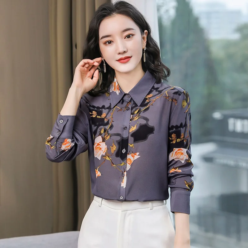 Flower Printed Silk Blouse Womens 2021 Fall Fashion Long Sleeve Mulberry Silk Top Loose