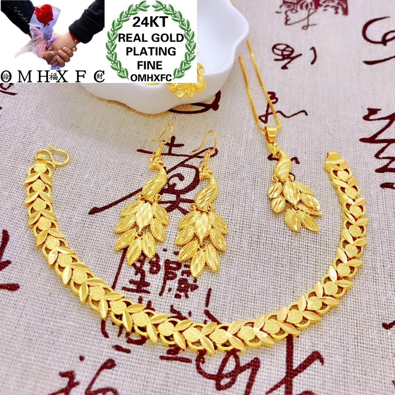 OMHXFC Wholesale YM110 Fashion Woman Girl Party Birthday Wedding Gift Peacock 24KT Ring+Earrings+Necklace+Bracelet Jewelry Set