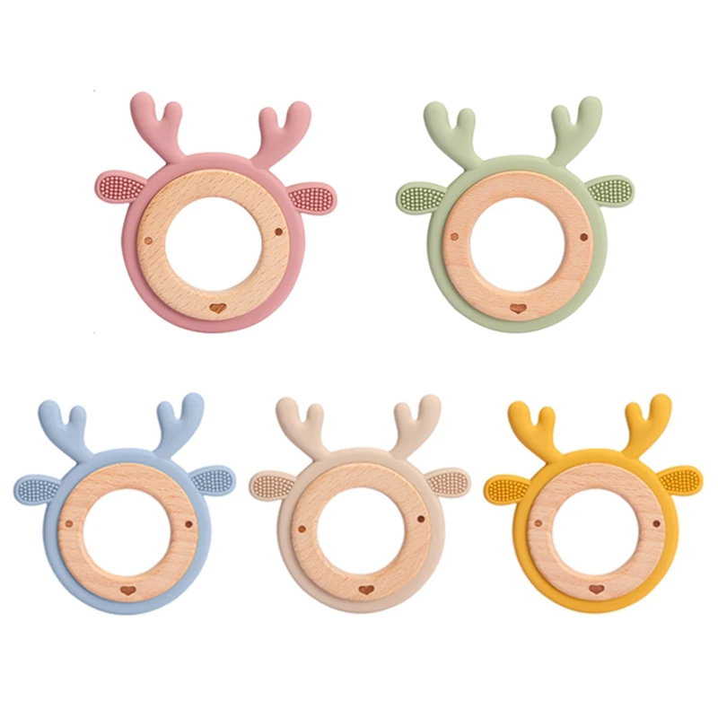 Animal Elk Koala Cartoon Teether BPA Free Food Grade Silicone Beech Wood Baby Teething Toy Rattle Safe Newborn Chew Nursing Gift