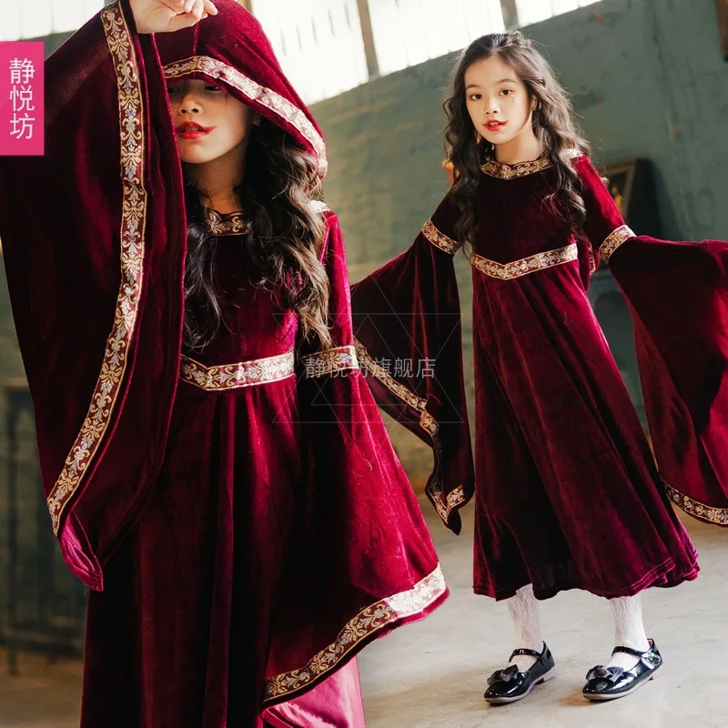 

Halloween Children's Vintage Court Style Vampire Female Witch Clothing Little Red Riding Hood Long Sleeve Medieval Clothing