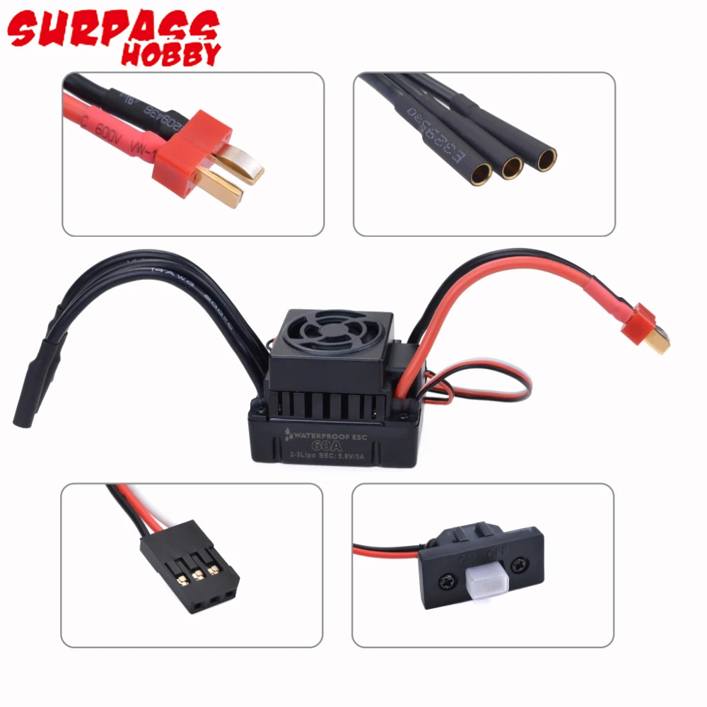 Surpass Hobby Waterproof 3660 2600KV/3300KV Sensorless Brushless Motor 60A ESC LED Programm Card For 1/10 RC Car Truck Buggy Toy