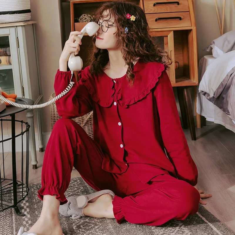 Women Full Cotton Pajamas Wedding Festive Red Pajama Sets Sleepwear Long Sleeve Top+Long Pants Pajamas Home Clothing Pyjamas