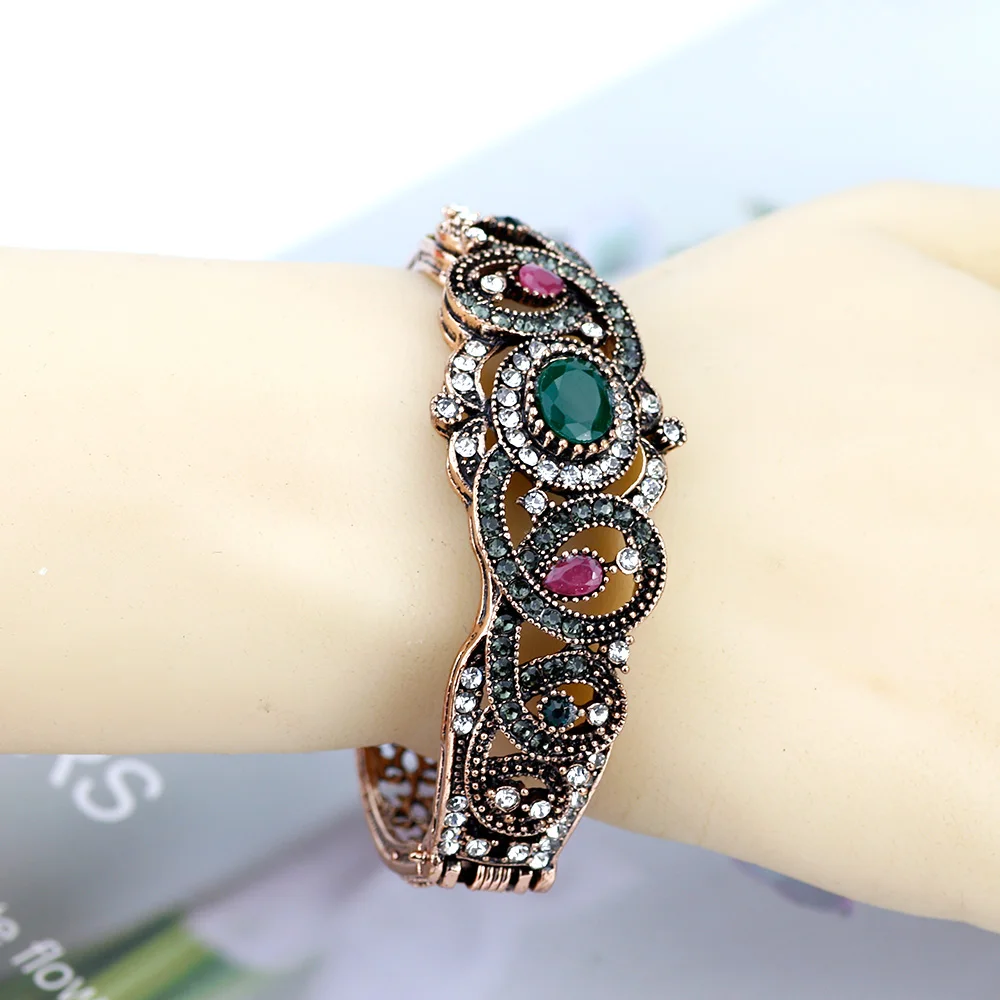 Sunspicems Retro Vintage Turkish Crystal Cuff Bracelet Antique Gold Color Ethnic Wedding Bangle Jewelry Gift