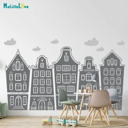 Scandinavian Houses & Clouds Decal Nursery Kids Playroom Sticker Handpainted Cartoon Houses Baby Amsterdam House Stickers BA765