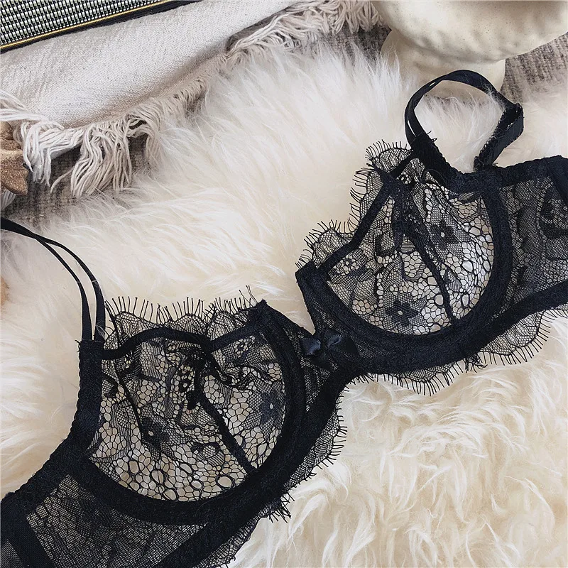 Light luxury ultra-thin bralette lace perspective sexy steel ring half cup gathered underwear set women hollow lingerie set