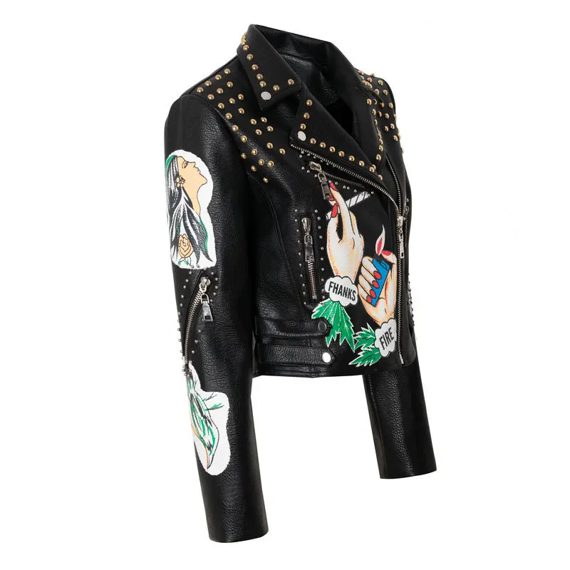 Chaqueta de cuero PU con remaches para mujer, abrigo con estampado de locomotora, estilo Punk, Y1101