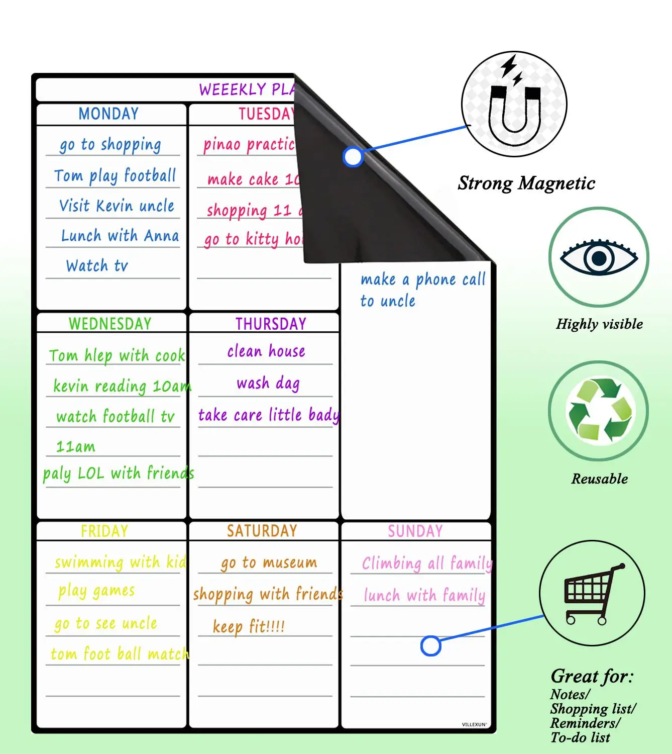 Hivillexun-Folha Magnetic Whiteboard para Geladeira, Multipurpose Frigorífico, Weekly White Board, Calendário para Menu com 8 Marcadores