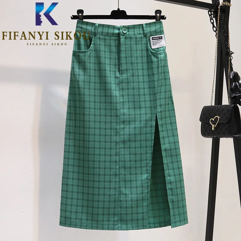 

High Quality Plaid Skirt Women Pocket Fashion Split High Waist Skirts Female Summer Loose Casual A-Line Midi Long Skirt 2021 New