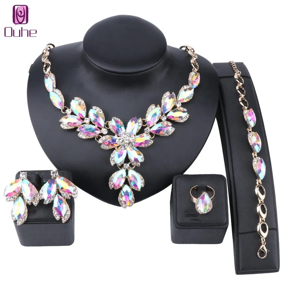 Fashion AB Gem Crystal Choker Necklace For Woman Statement Necklaces Earring Bracelet Ring Collar Boho Jewelry Sets