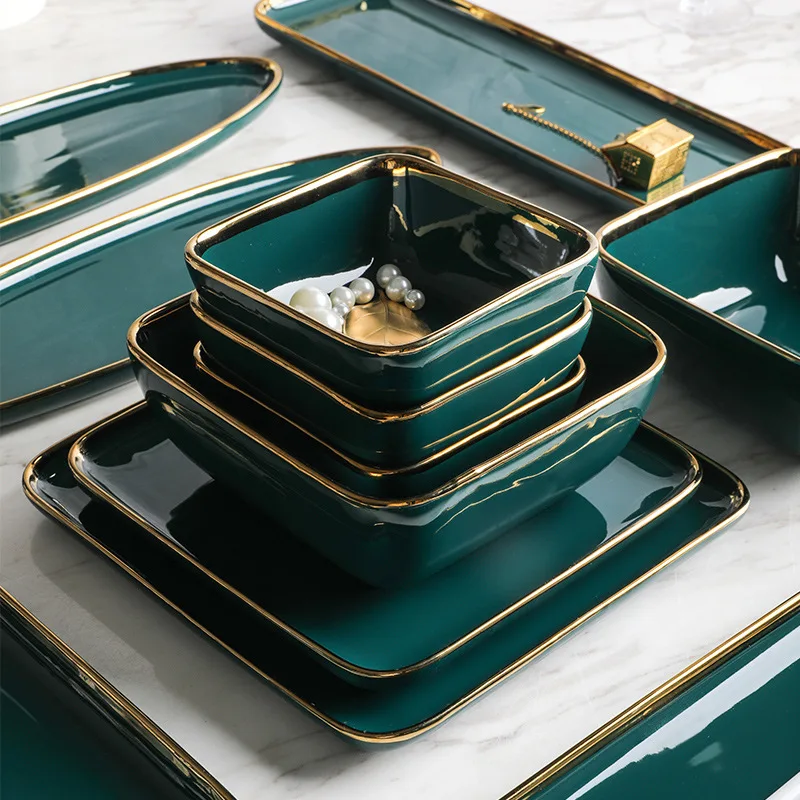 Wholesale Square Tableware Green Ceramic Dinner Plate Gold Porcelain Dessert Steak Snack Cake Plate Salad Soup Rice Bowl