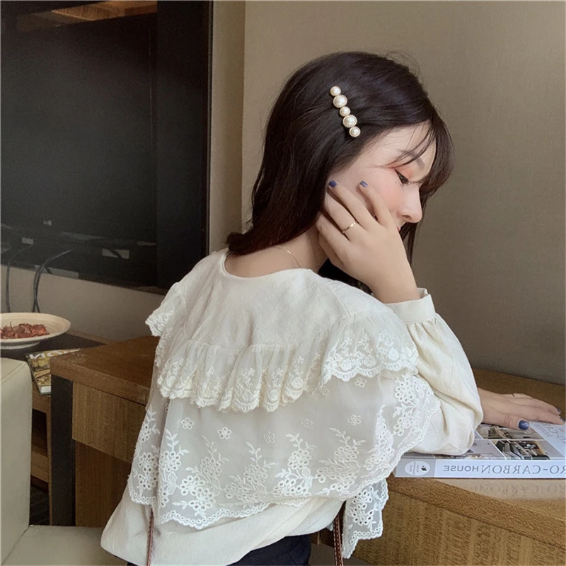 Korean Fashion Elegant Blouse Womens Clothing Peter Pan Collar Floral Ladies Lace Tops Bandage Long Sleeve White Shirts Purple