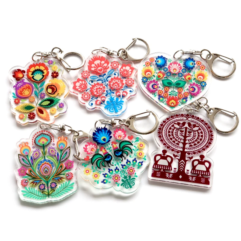 Polish Folk Art Pattern Keychain Colorful Bouquets Folkloric Style Acrylic Double-sided Key Ring Key Holder Fashion Bag Pendant