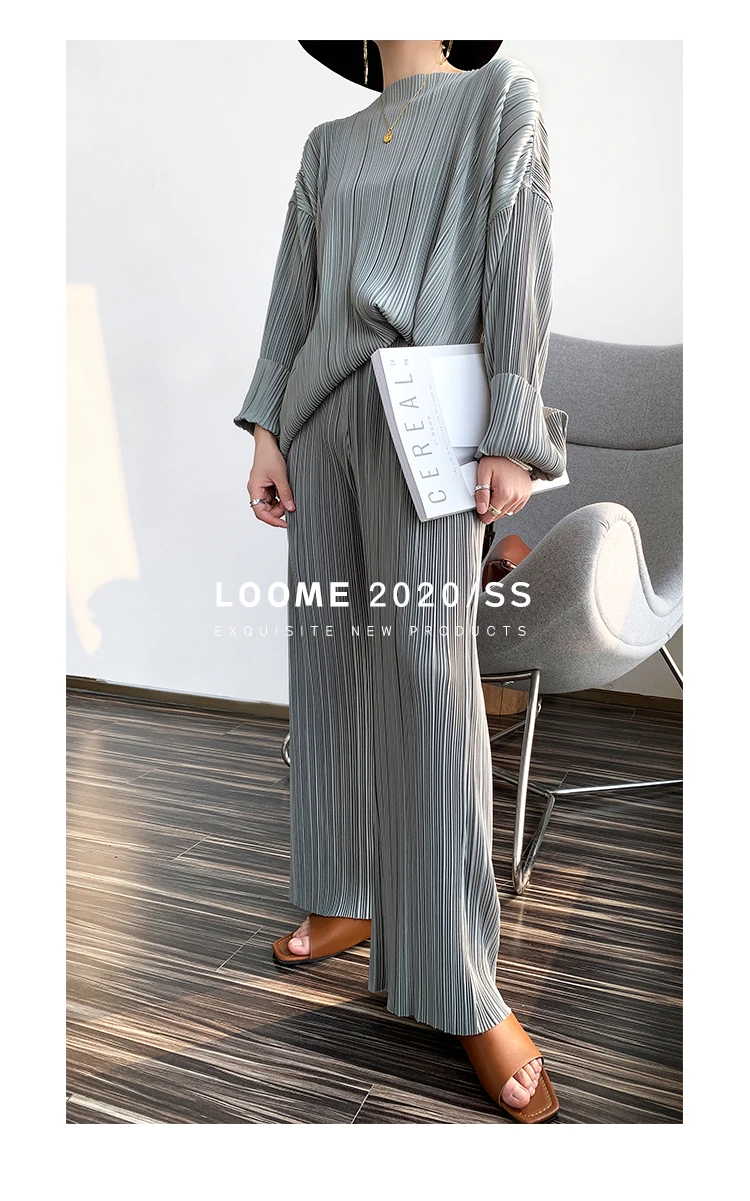 HOT SELLING Miyake fold slash neck loose T-shirt + ankle-length pants solid two-piece outfit IN STOCK