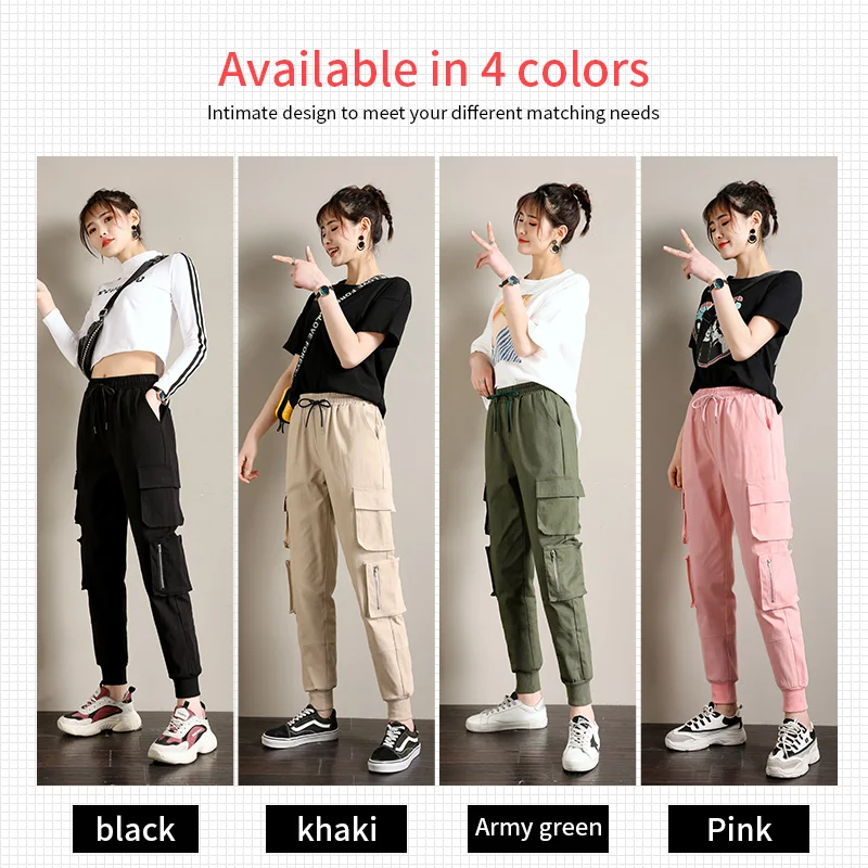 Cargo Women Pants Safari Style Drawstring Elastic Waist Cotton Pants Female High Waist Korean Fashion Casual Women Trousers