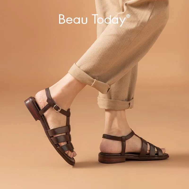 BeauToday Gladiator Sandals Women Genuine Cow Leather Open Toe Metal Buckle T-bar Strap Summer Flats Lady Shoes Handmade 33042