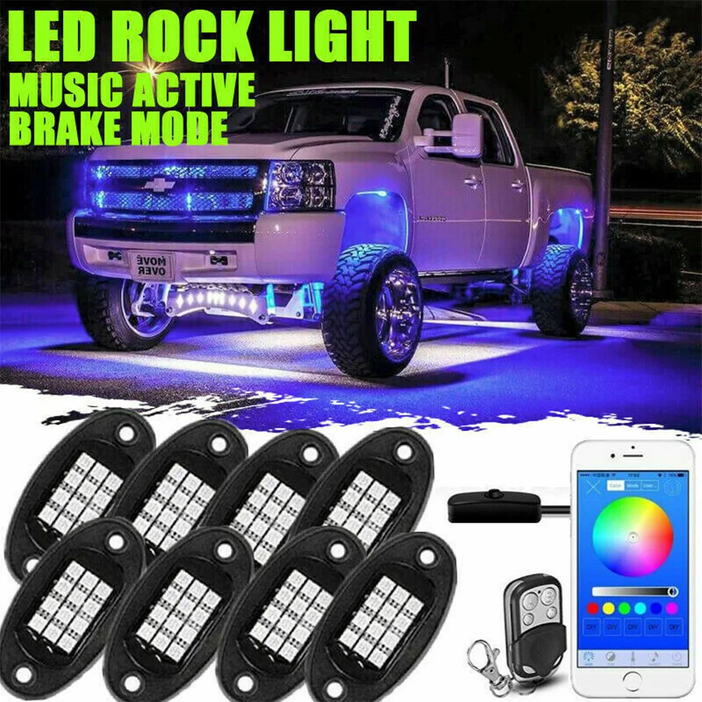 8Pcs RGB LED Rock Light Wireless Bluetooth APP RF Control Music Multicolor Neon Underglow Light Kit for Car Offroad ATV SUV Boat