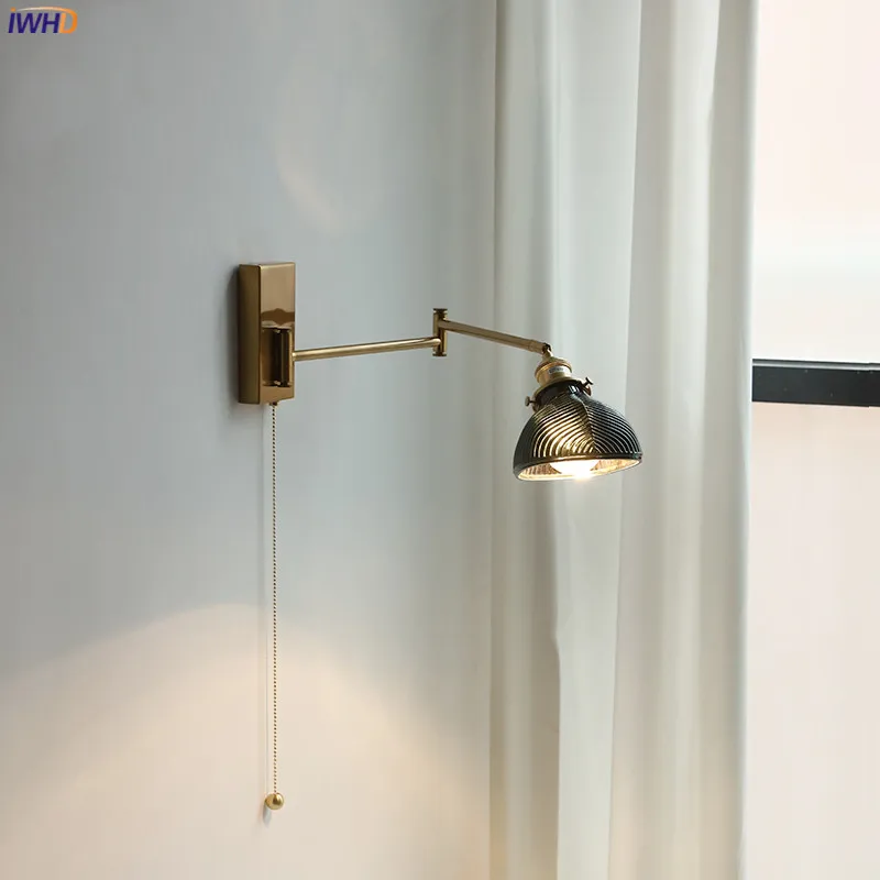 

IWHD Swing Long Arm Wall Lamp Beside Pull Chain Switch Left And Right Rotate Ceramic Lampshade Bedroom Bathroom Mirror Light LED