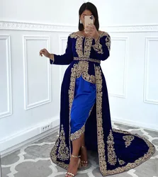 Luxury Karakou Algeria Navy Evening Dress With Overskirt Train Long Sleeve African Prom Dress Kaftan Robe De Mariee Customized