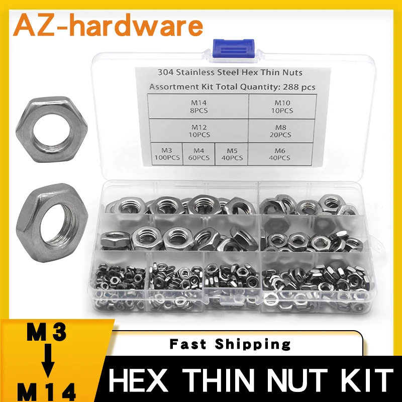 M3 M4 M5 M6 M8 M10 M12 M14  Hexagon Thin Nut Kit 288PCS 304 Stainless Steel Metric DIN439 Hexagon Thin Nut Combination Set