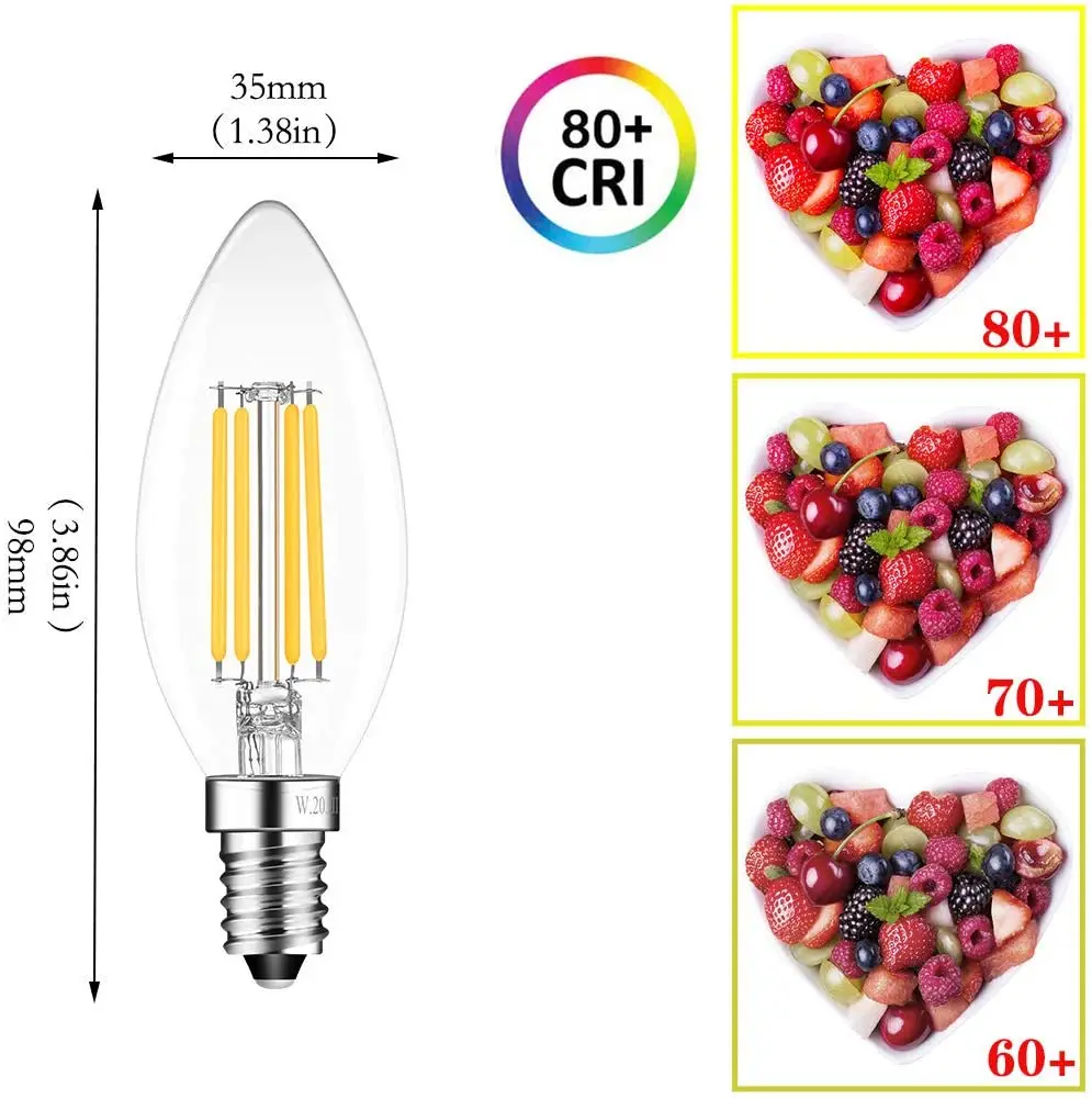 2W 4W 6W LED Filament Candle Light Bulb E12 E14 2700K Warm White C35 Clear Glass Dimmable Edison LED Chandelier Light Bulb 15PCS