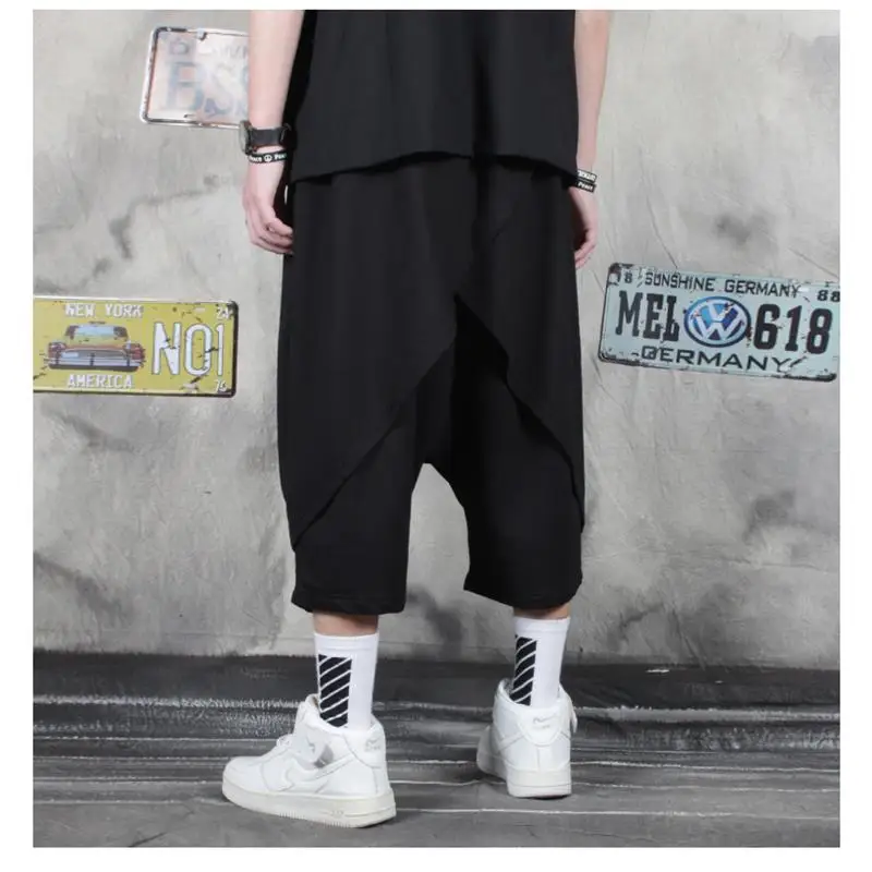 Men's summer high street baggy shorts hairstylist personality fake two irregular culottes seven point casual shorts