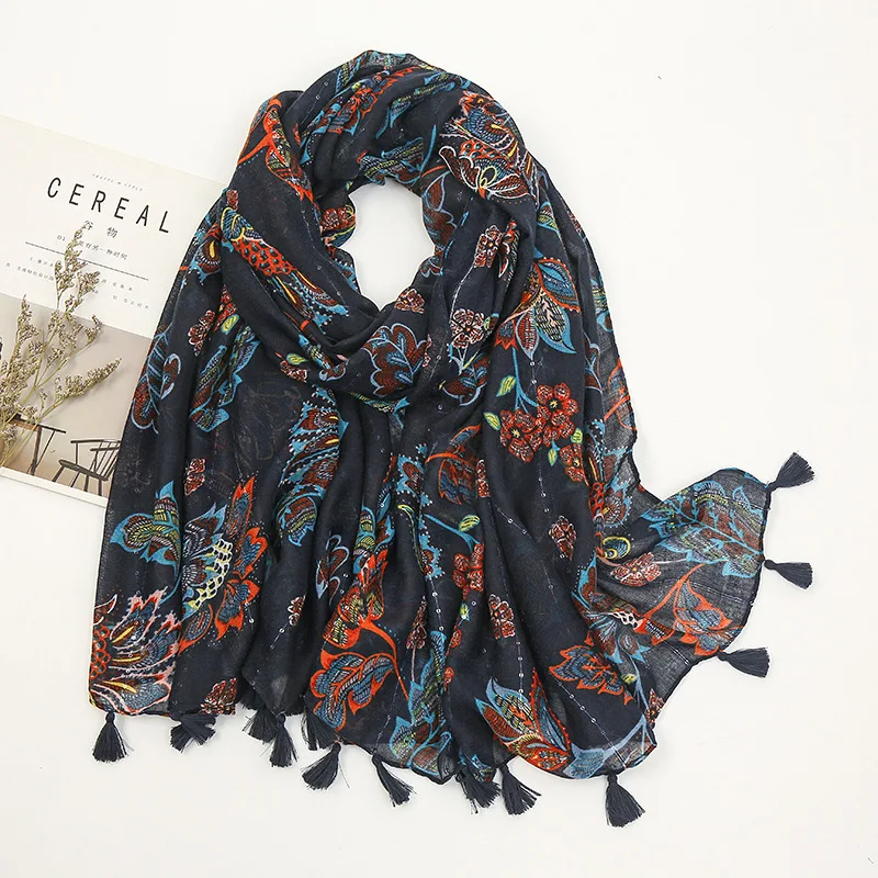 Fashion Design Lovely Floral Tassel Viscose Shawl Scarf Lady High Quality Neckerchief Spring Summer Foulards Muslim Hijab Sjaal