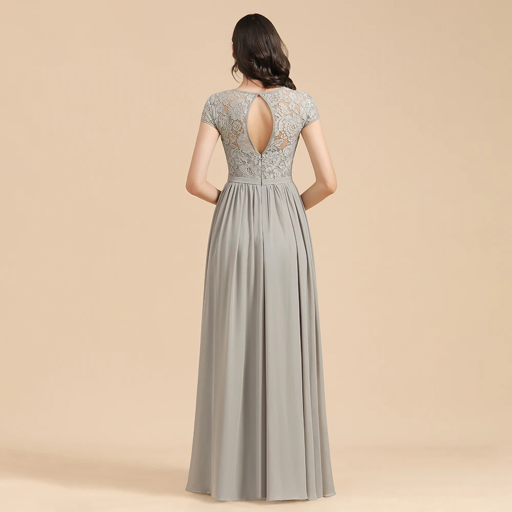 MisShow Custom Silver Grey Bridesmaid Dresses Modest Long Chiffon Multi-Layer Wedding Party Evening Gowns Lace Robe De Soiree