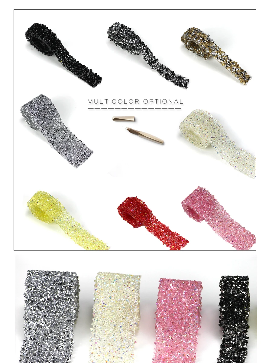 1 Yard Farbe Duroplastischen Strass Kette Draht Glitter Kristall Strass AB Band Kleid Dekoration Patch