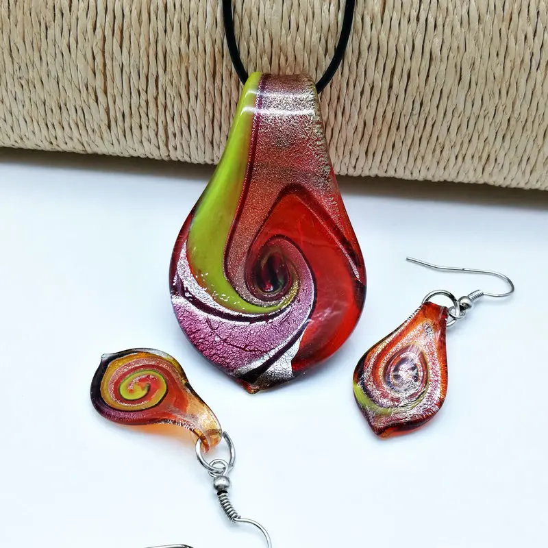 1 PCS Fashion Red Blue Glass Muran Floral Leaf Shape Lampwork Pendant Necklace Earrings For Women Cheap Items With Jewelry Set