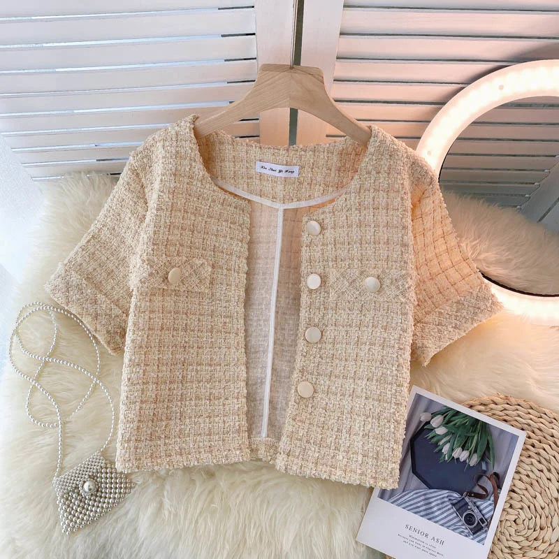 Women Jackets 2021 Summer Korea Chic Ladies French Retro Round Neck Raw Edges Design Loose Pockets Tweed Short Jacket Femme