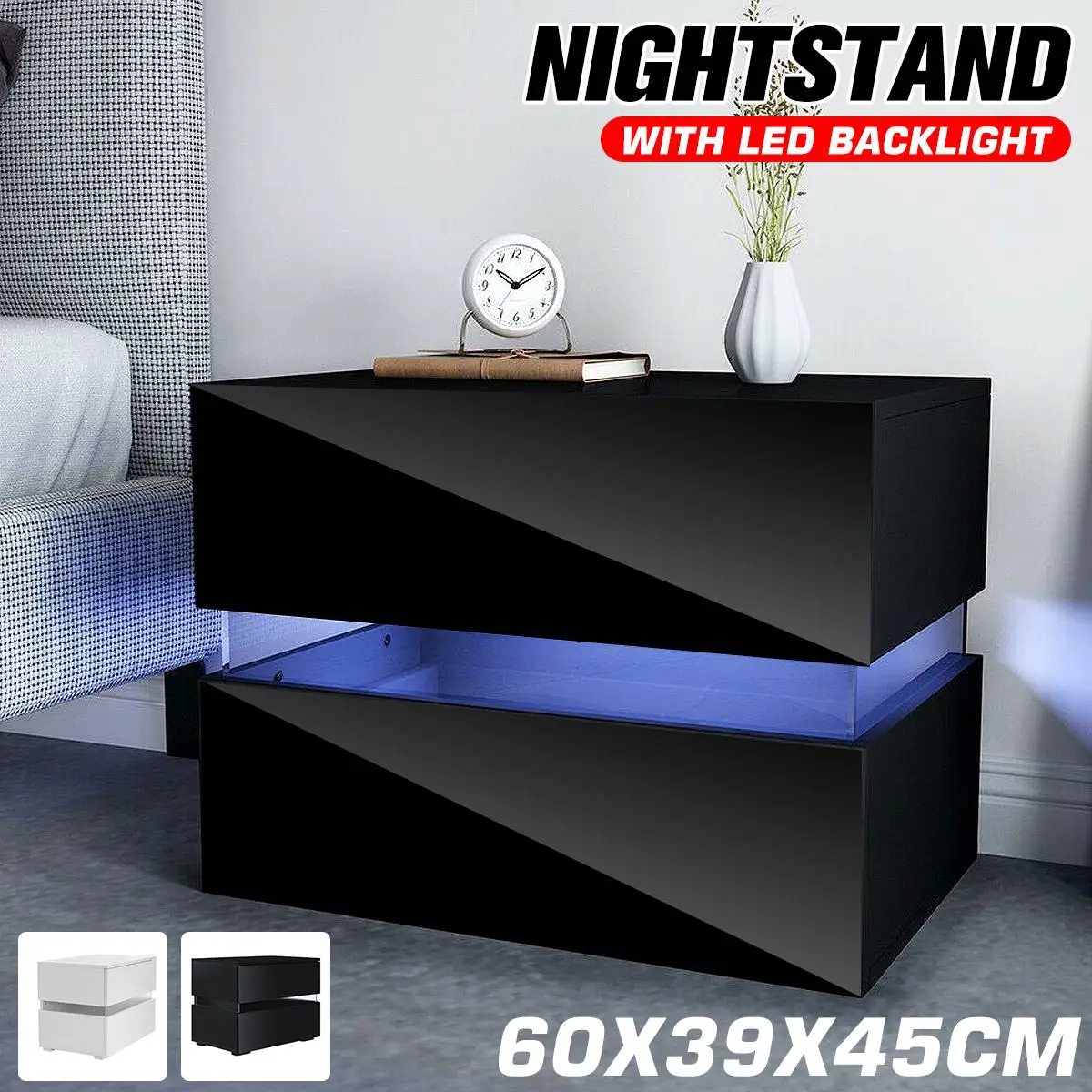 High Gloss RGB LED Coffee Tables Nightstands w/2 Drawers Modern Bedside Table File Cabinet Holder Chest Table 60*39*45cm