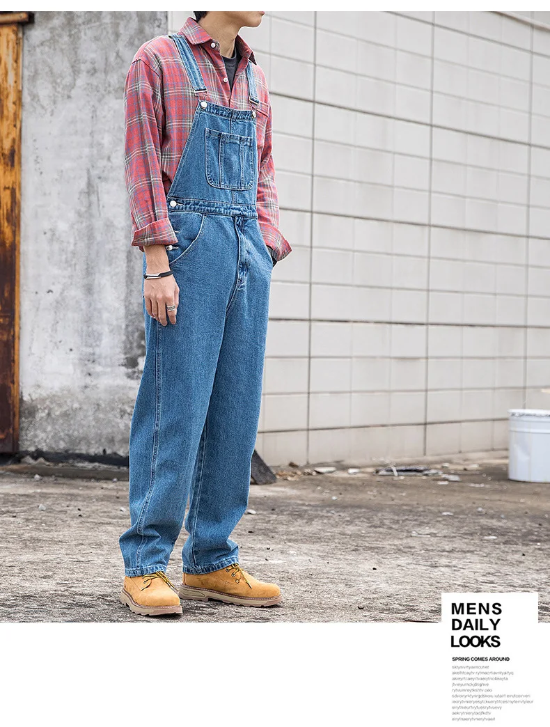 Herren Plus Size Denim Latzhose Klassische Cargo-Jeans mit Großen Taschen Lose Arbeitslatzhose Trägerhose Dunkel- und Hellblau – Detail 17