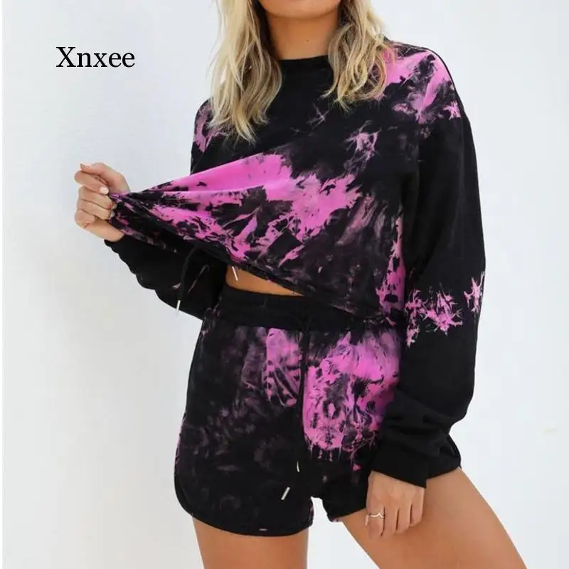 Purple Black Biker Set Shorts Long Sleeve Patchwork Sexy Top Women Casual Suit Print Punk Loose Summer Tie Dye Round Neck