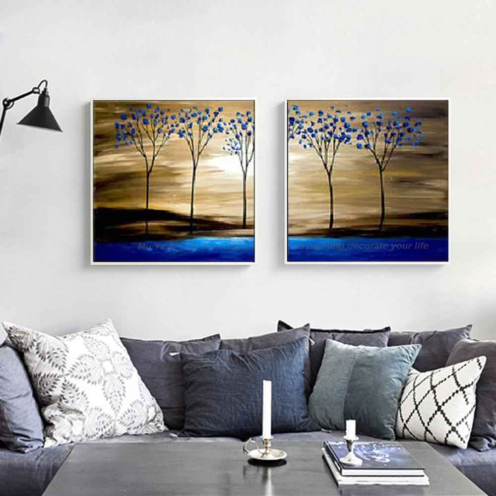 Decorative picture oil painting on canvas handmade blue tree lanscape painting abstract decoration murale salon for living room image 6
