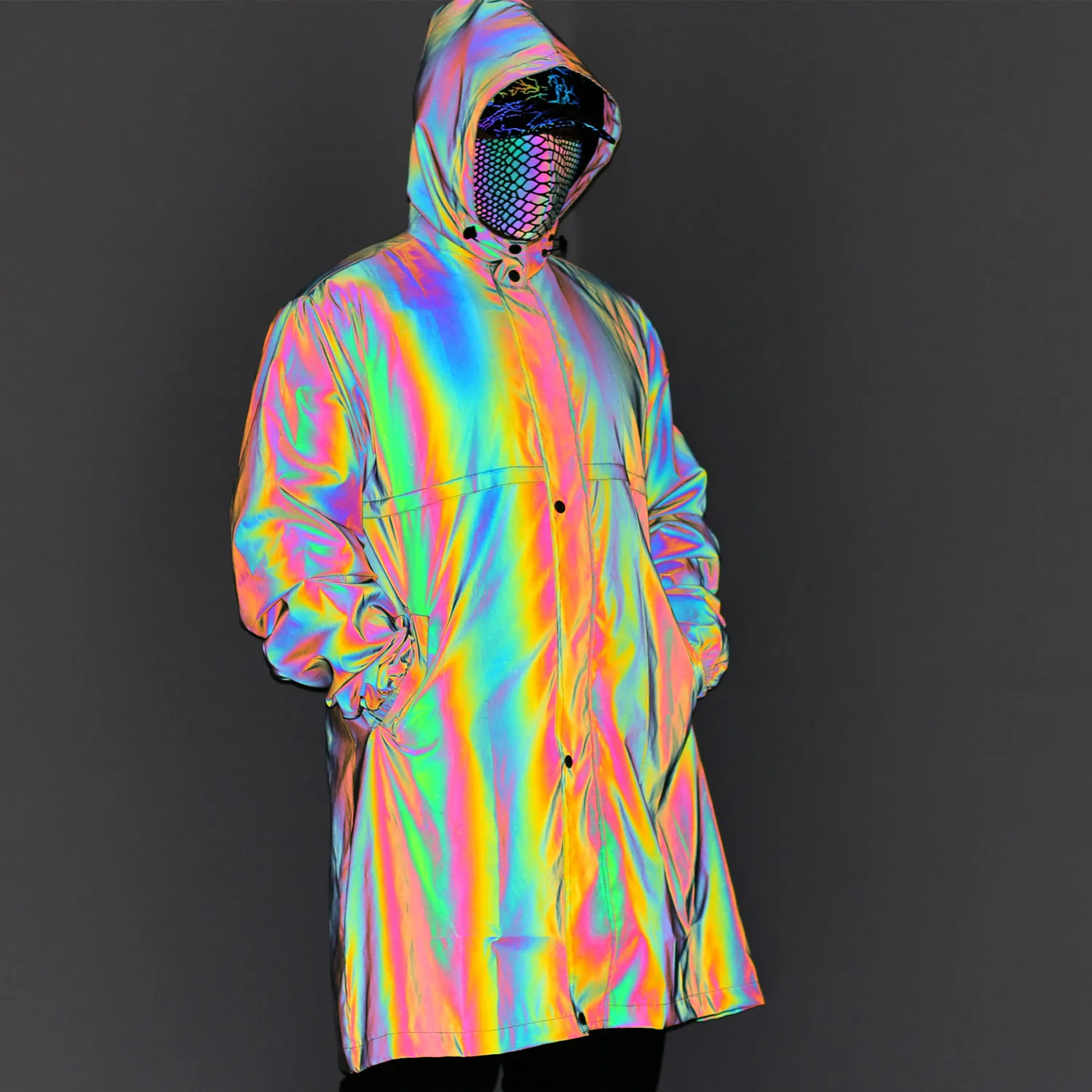 Custom Men Unisex High Street Rainbow Reflective Hooded Jacket Windbreaker Dust Coat Trench