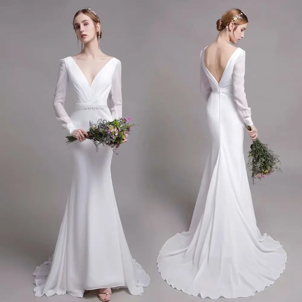 Trouwjurk Платья Bruid Gown Vestido De Novia Robe De Mariage V-hals Vloer-Lengte Backless Lange Mouwen