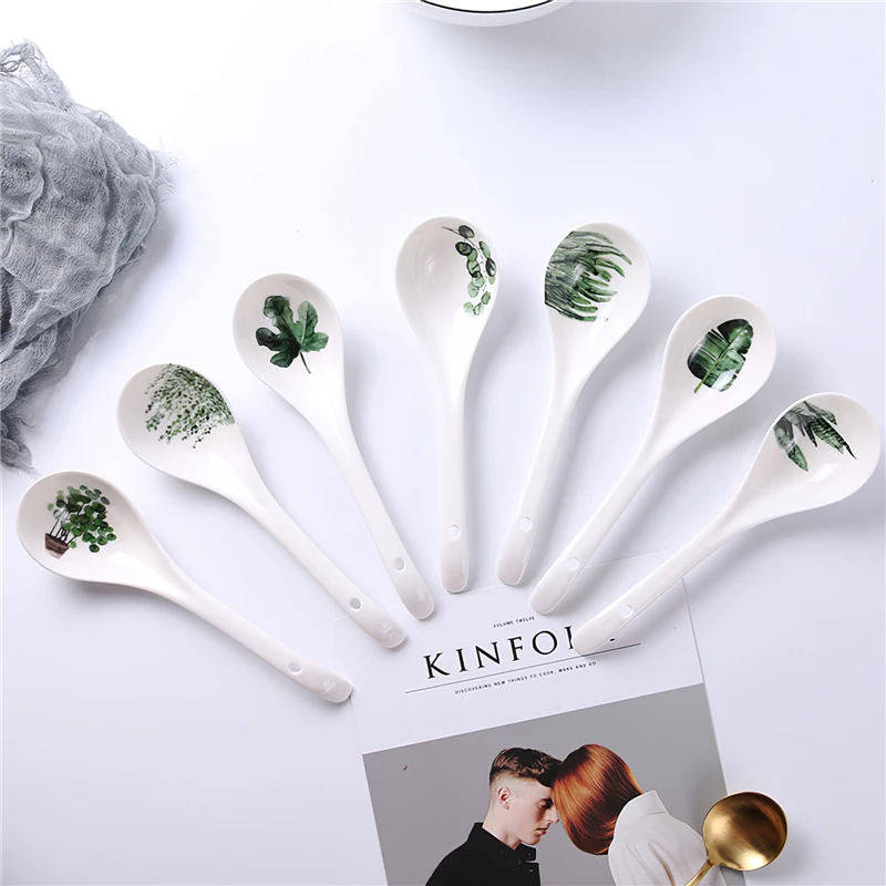 

1 Pcs Ceramic Soup Spoon Nordic Green Plants 22.5cm White Ins Big Rice Scoop Tableware Household Kitchen Supplies Dinnerware