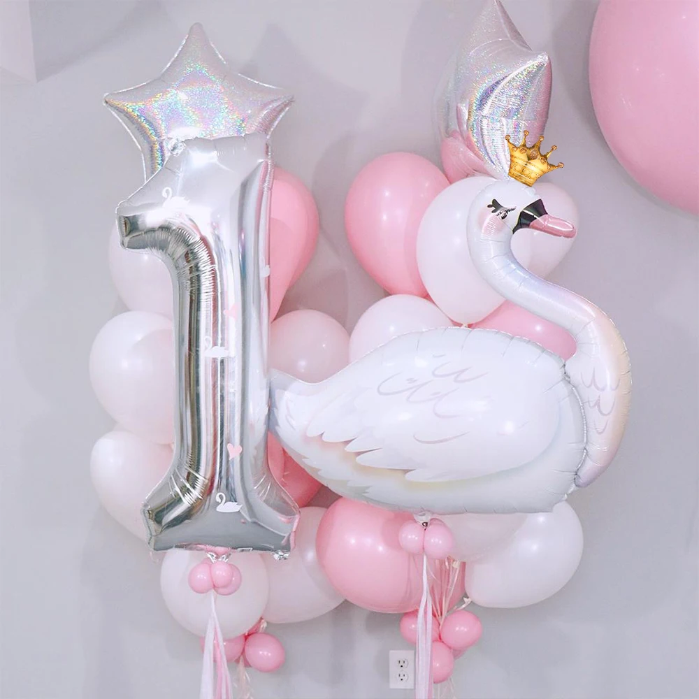 32inch Silver Foil Number White Crown Swan Balloon for 1st Birthday Party Wedding Decorations Baby Shower Supplies Globos