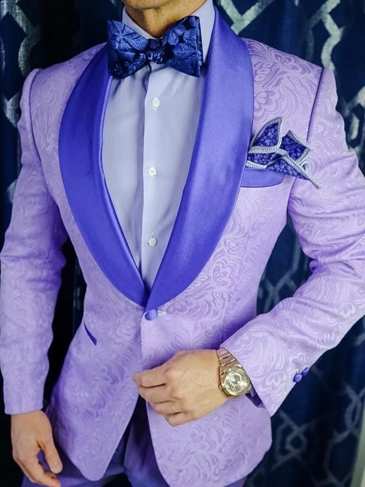 One Button Groomsmen Lilac Pattern Groom Tuxedos Shawl Satin Lapel Men Suits Wedding Best Man ( Jacket+Pants+Tie ) D77