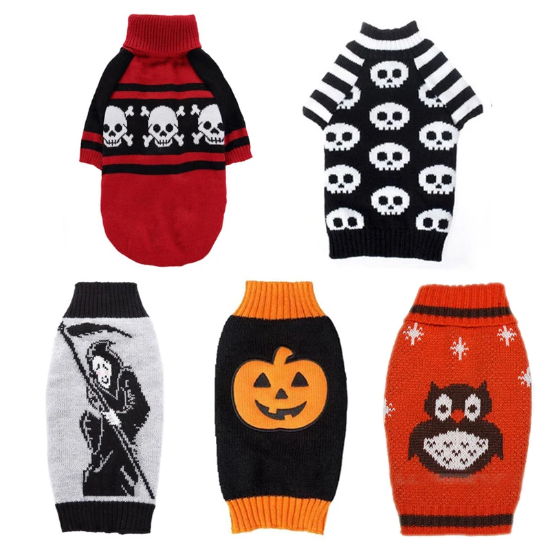 5 Styles Halloween Themed Pet Sweater Pumpkin Skull Skeleton Printed Dog Knitwear Autumn Turtleneck Pullover for Chihuahua Teddy