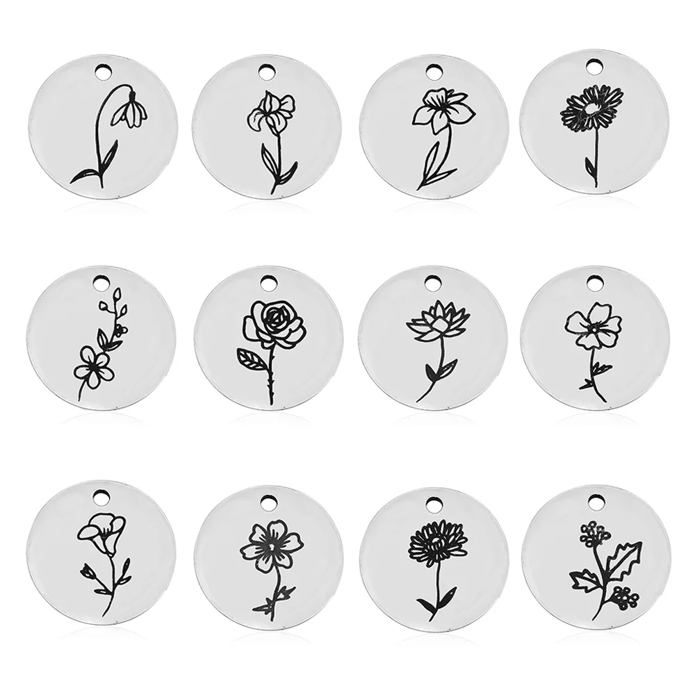 

12Pcs/Lot 15mm Round Birthday Flower Charms Stainless Steel Pendants For DIY Jewelry Making Necklace