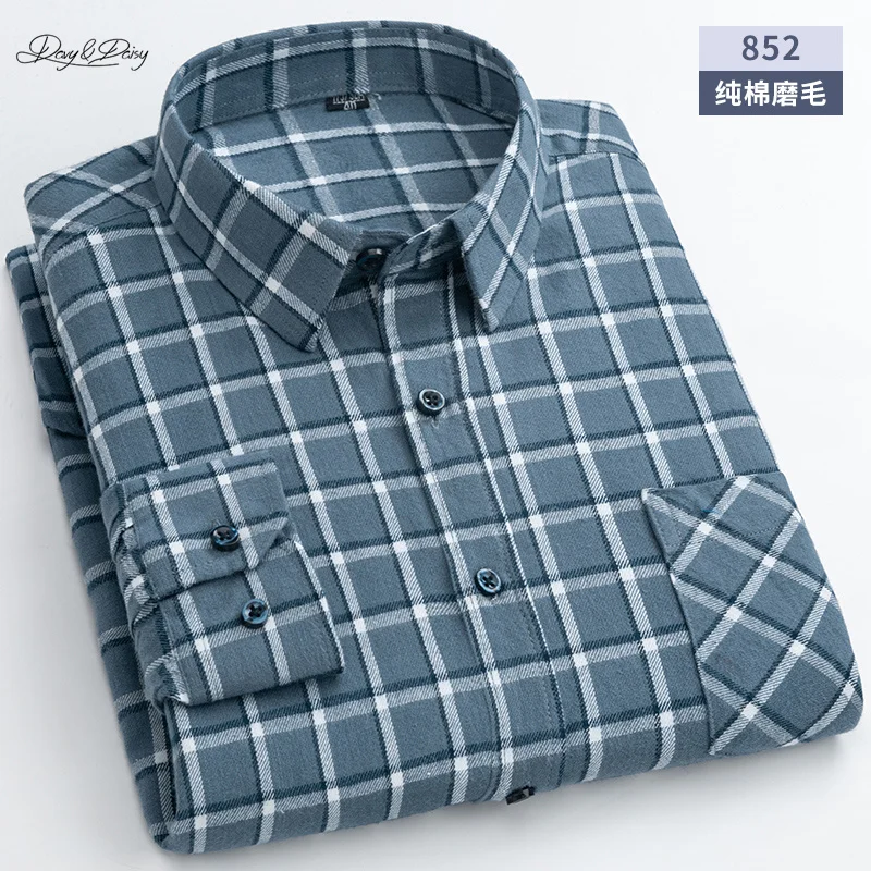 2021 New Men Shirt Long Sleeve High Quality 100% Cotton Business Casual Cloth W/Pocket Plus size 5XL 6XL Gingham Plaid DA460