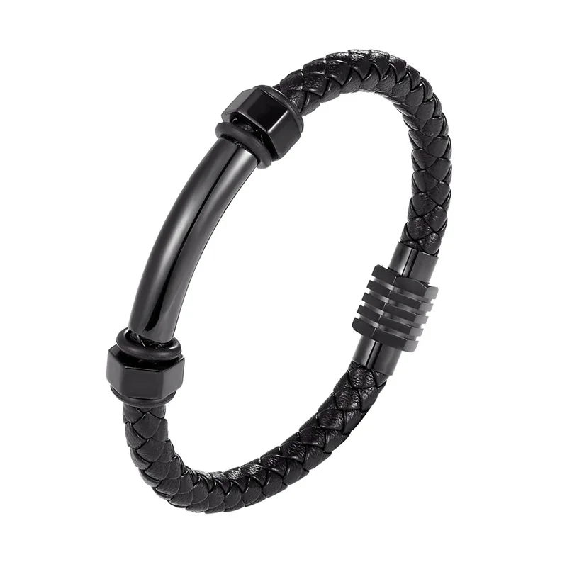 High Quality Trendy Bracelet Men Jewelry Black Braided Leather Handmade Bracelet Stainless Steel Magnetic Clasps Punk Wristband