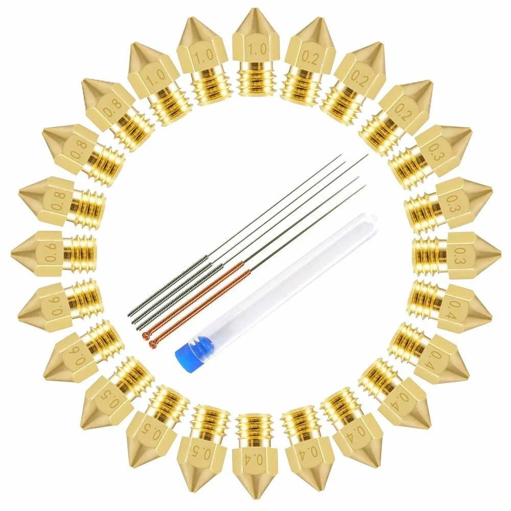 24PCS MK8 Nozzles 5PCS Cleaning Needle Set M6 Brass Extruder 0.2 0.3 0.4 0.5 0.6 0.8 1.0mm Hotend Nozzles Fit 1.75mm 3D Printer