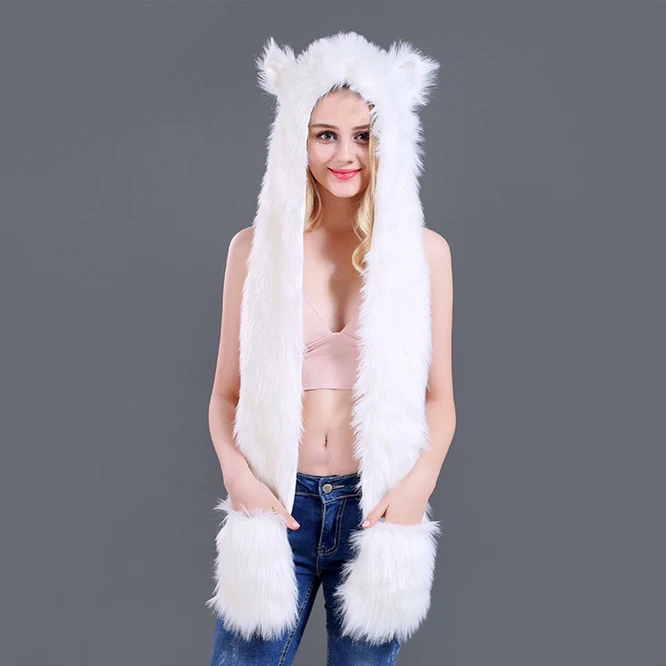 Nuevos capuchas de animales de zorro blanco, gorro de piel sintética de animales bonitos, gorros de piel de animales cálidos a la moda para hombres y mujeres con guantes, sombrero de dibujos animados para niñas